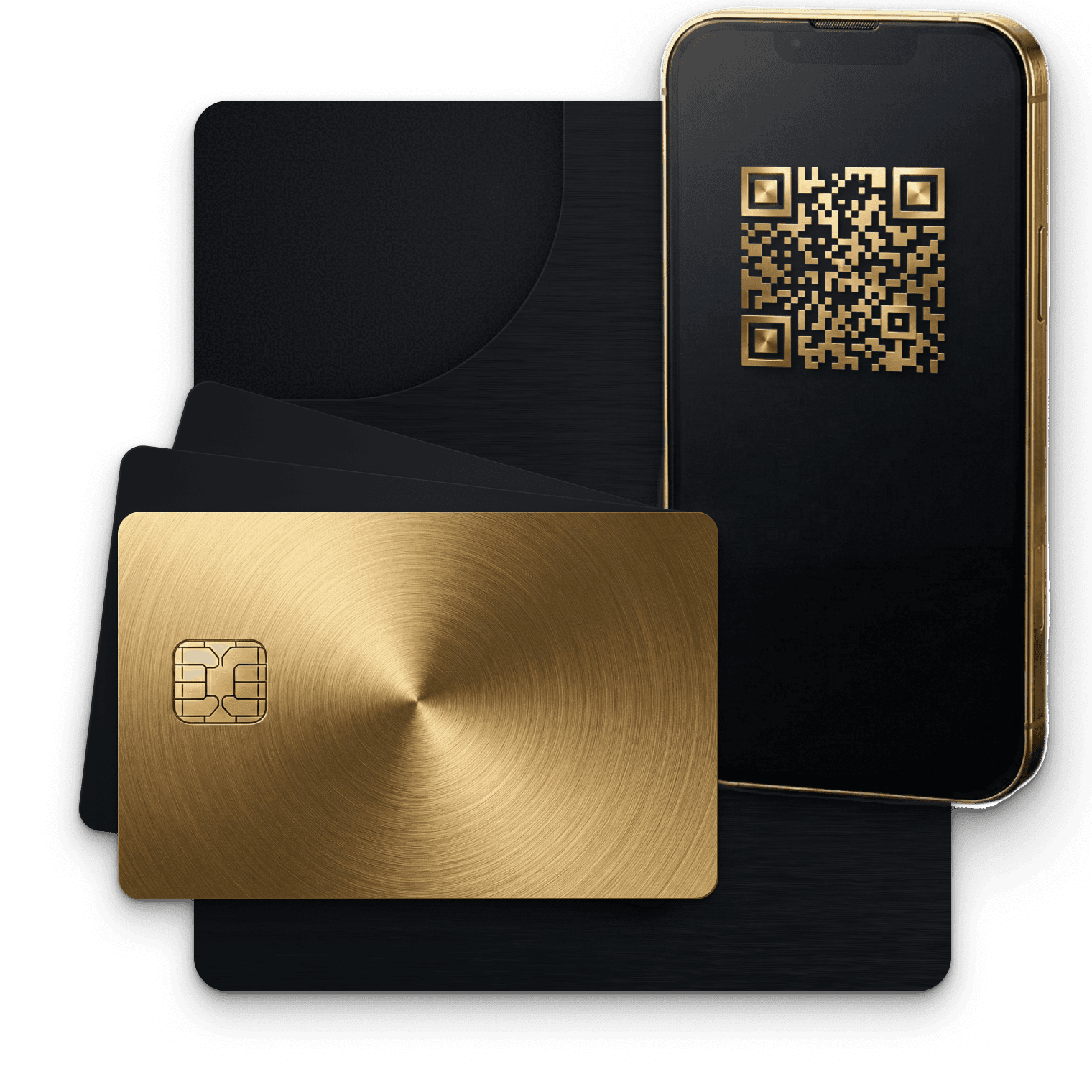 Gold and black payment cards with a smartphone displaying a QR code
